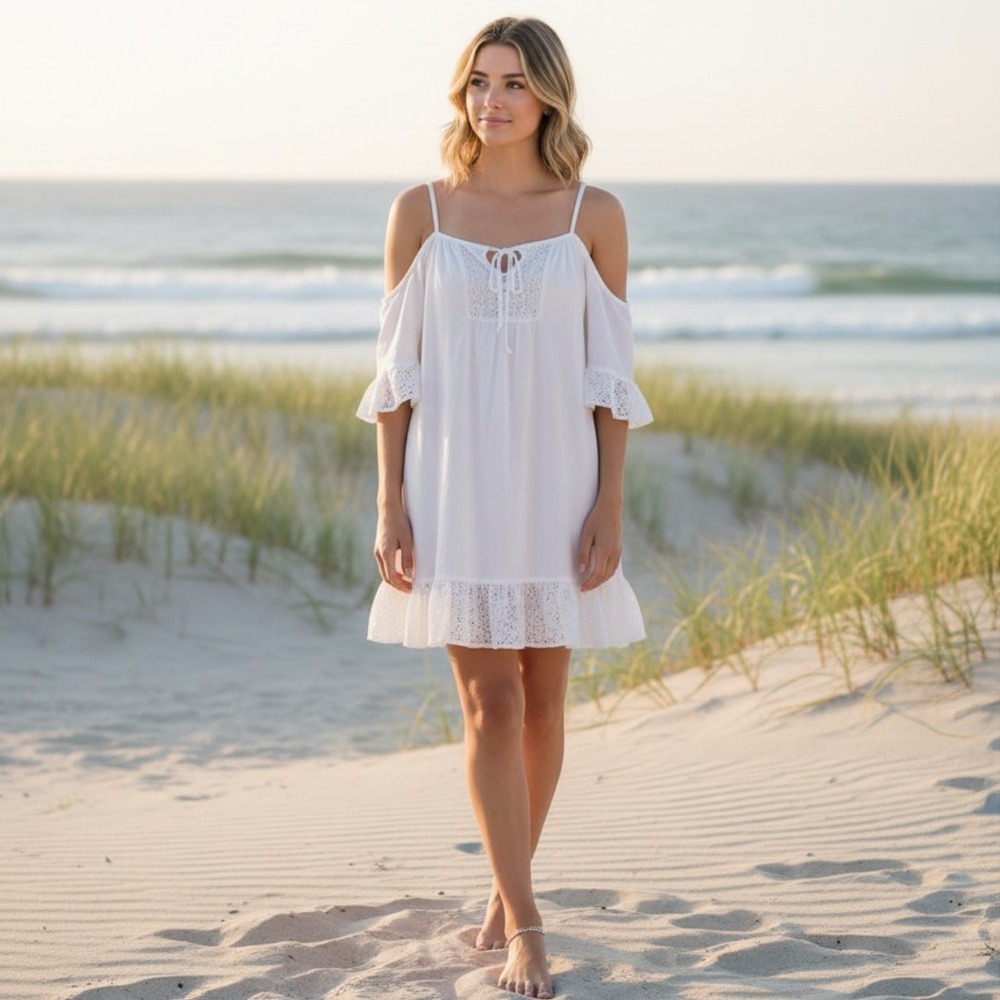 Romeo & Juliet Couture Beach Cotton Crisp Poplin Swim Cover Up, M